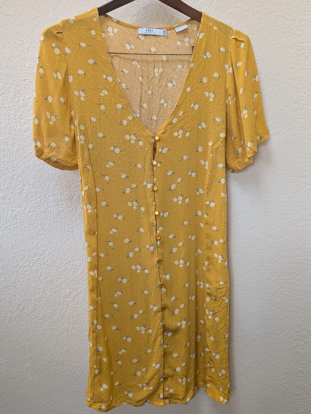 Obey Worldwide Sustainable Yellow Button Up Floral Mini Dress. Size XL